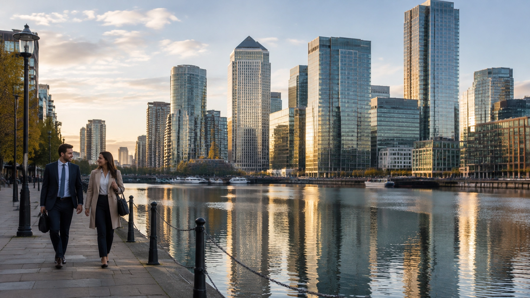 Canary Wharf glass office towers reflected on the Docklands water