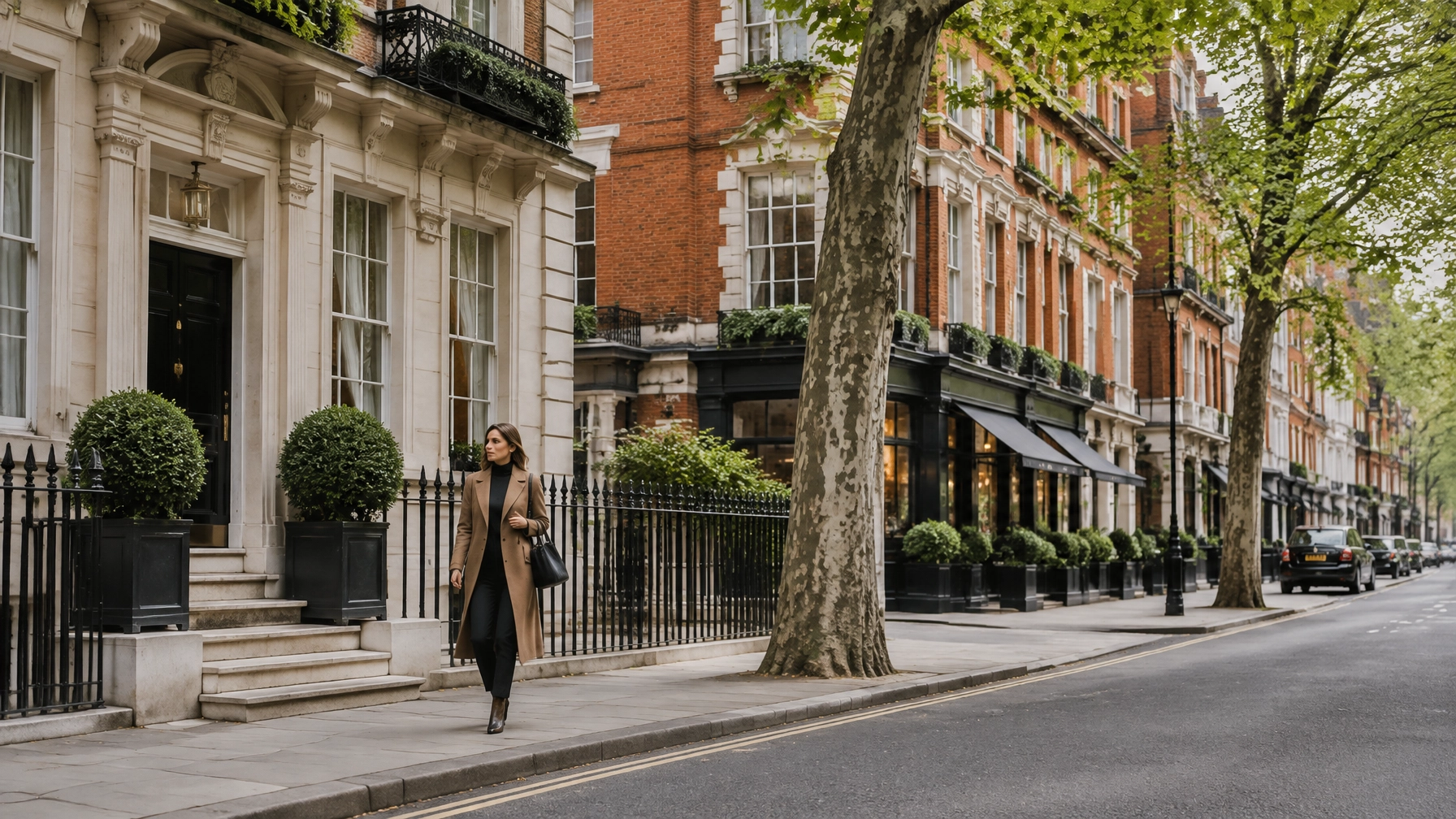 Mayfair townhouse and tree-lined London street