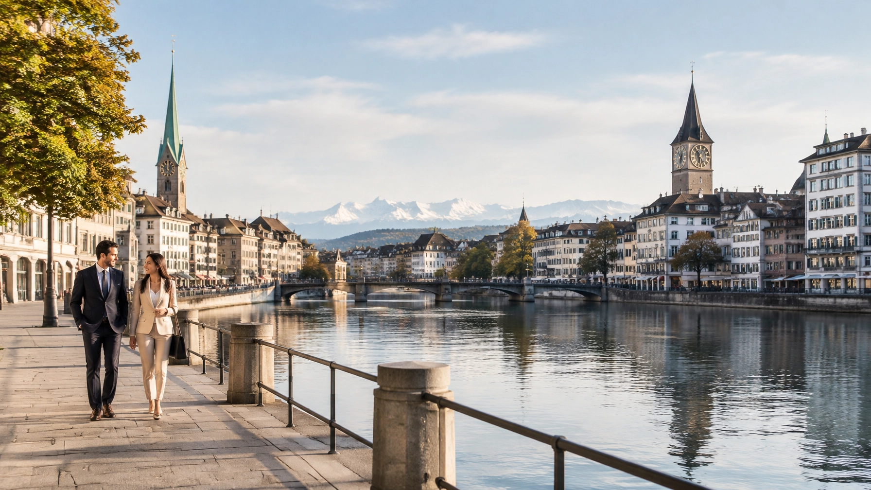 Zurich riverside with historic architecture and the Swiss Alps in the distance