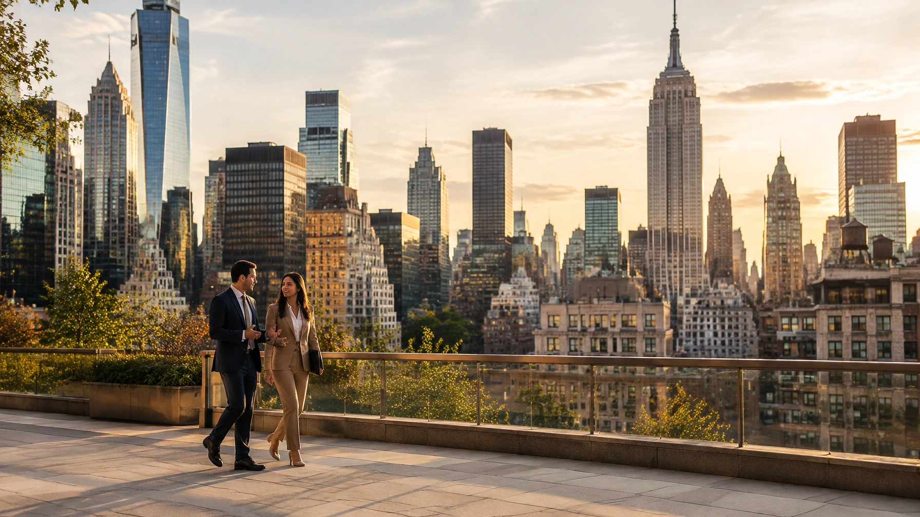 Business professionals overlooking the Manhattan skyline